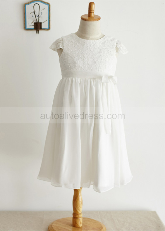 Cap Sleeves Ivory Lace Chiffon Knee Length Flower Girl Dress 